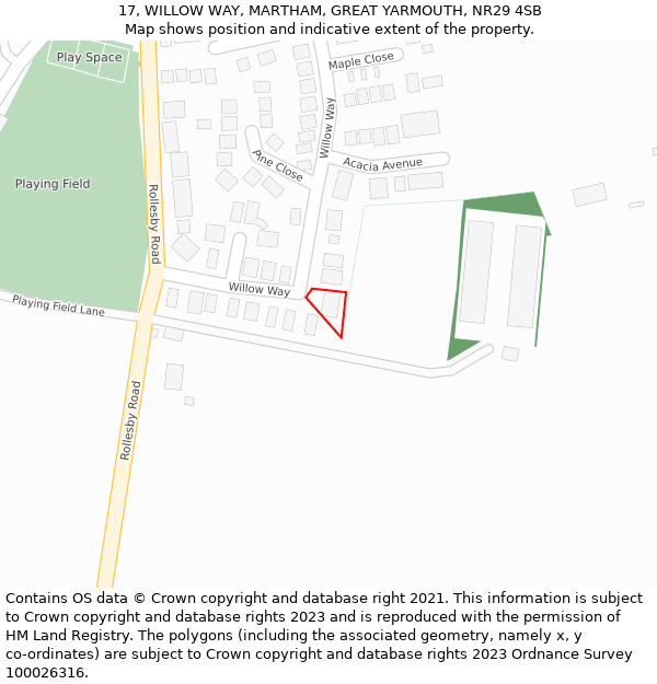 17, WILLOW WAY, MARTHAM, GREAT YARMOUTH, NR29 4SB: Location map and indicative extent of plot