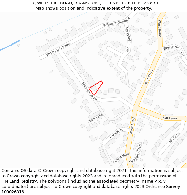 17, WILTSHIRE ROAD, BRANSGORE, CHRISTCHURCH, BH23 8BH: Location map and indicative extent of plot