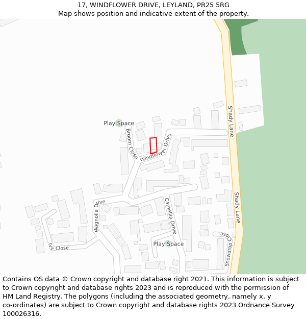 17, WINDFLOWER DRIVE, LEYLAND, PR25 5RG: Location map and indicative extent of plot