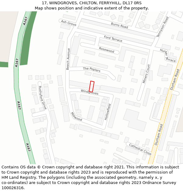 17, WINDGROVES, CHILTON, FERRYHILL, DL17 0RS: Location map and indicative extent of plot