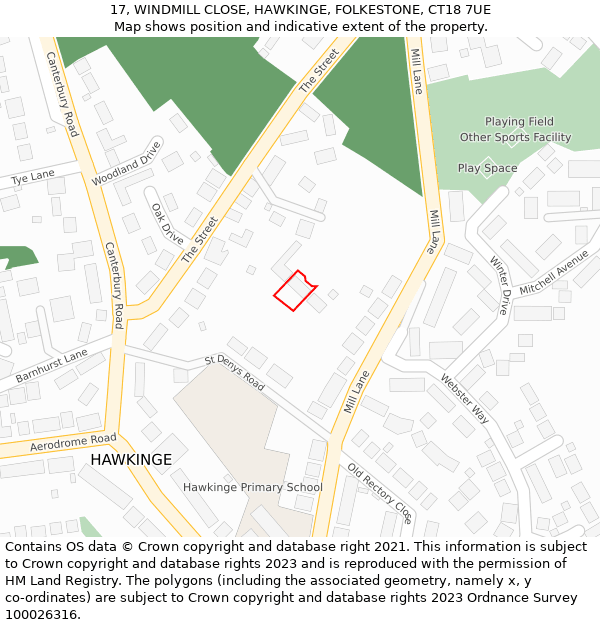 17, WINDMILL CLOSE, HAWKINGE, FOLKESTONE, CT18 7UE: Location map and indicative extent of plot