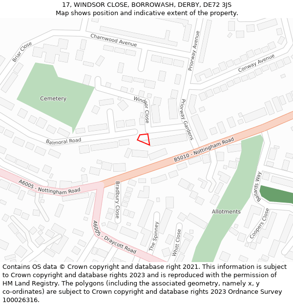 17, WINDSOR CLOSE, BORROWASH, DERBY, DE72 3JS: Location map and indicative extent of plot