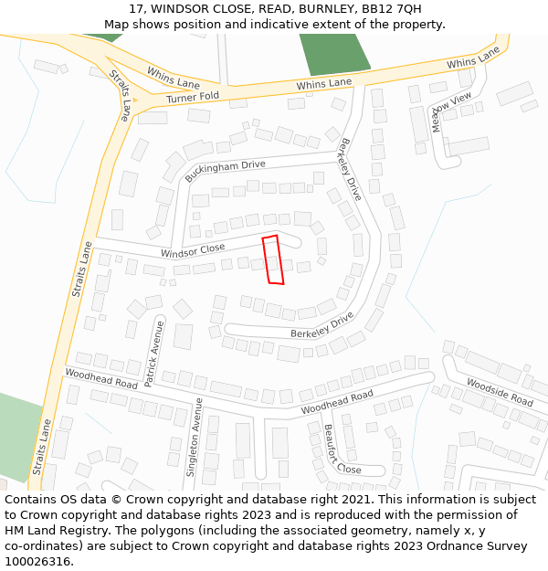 17, WINDSOR CLOSE, READ, BURNLEY, BB12 7QH: Location map and indicative extent of plot