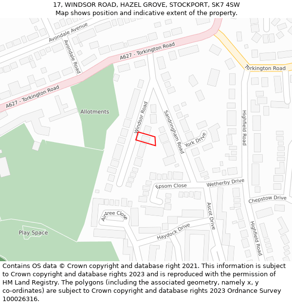 17, WINDSOR ROAD, HAZEL GROVE, STOCKPORT, SK7 4SW: Location map and indicative extent of plot