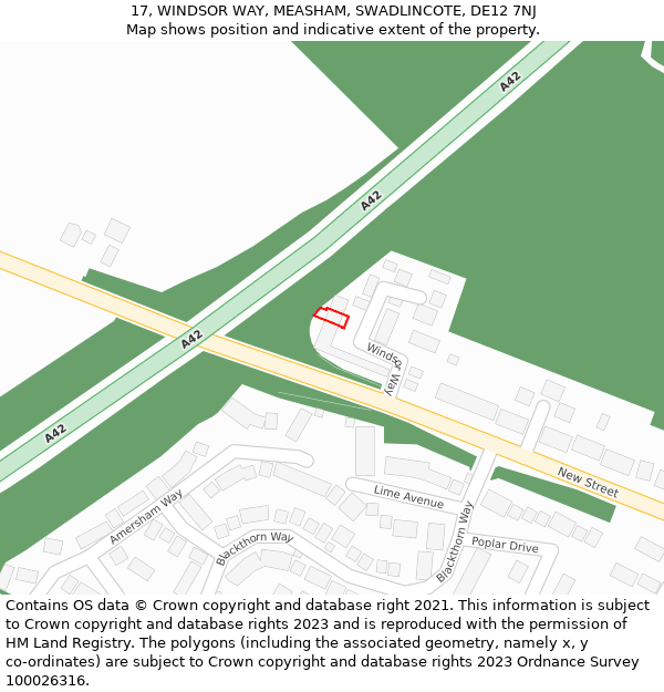 17, WINDSOR WAY, MEASHAM, SWADLINCOTE, DE12 7NJ: Location map and indicative extent of plot