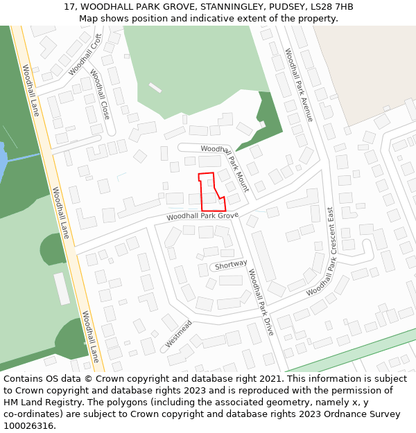 17, WOODHALL PARK GROVE, STANNINGLEY, PUDSEY, LS28 7HB: Location map and indicative extent of plot