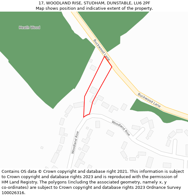 17, WOODLAND RISE, STUDHAM, DUNSTABLE, LU6 2PF: Location map and indicative extent of plot