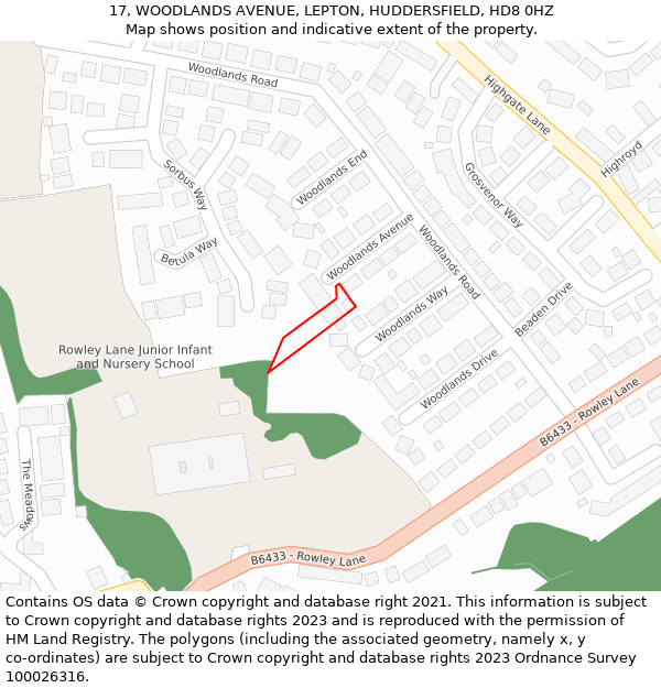 17, WOODLANDS AVENUE, LEPTON, HUDDERSFIELD, HD8 0HZ: Location map and indicative extent of plot