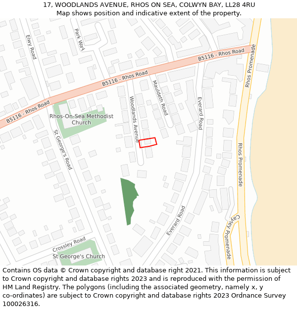 17, WOODLANDS AVENUE, RHOS ON SEA, COLWYN BAY, LL28 4RU: Location map and indicative extent of plot