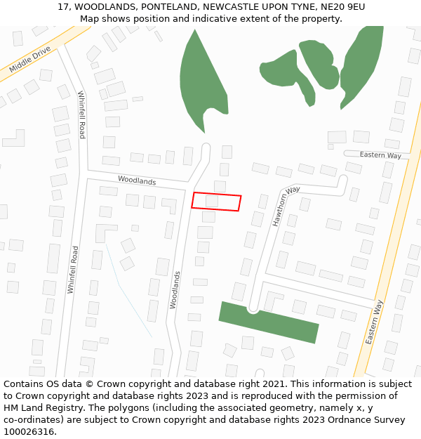 17, WOODLANDS, PONTELAND, NEWCASTLE UPON TYNE, NE20 9EU: Location map and indicative extent of plot