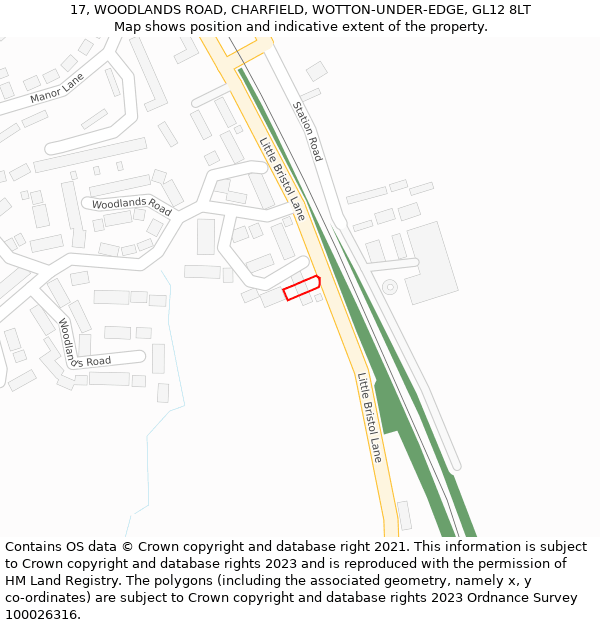 17, WOODLANDS ROAD, CHARFIELD, WOTTON-UNDER-EDGE, GL12 8LT: Location map and indicative extent of plot