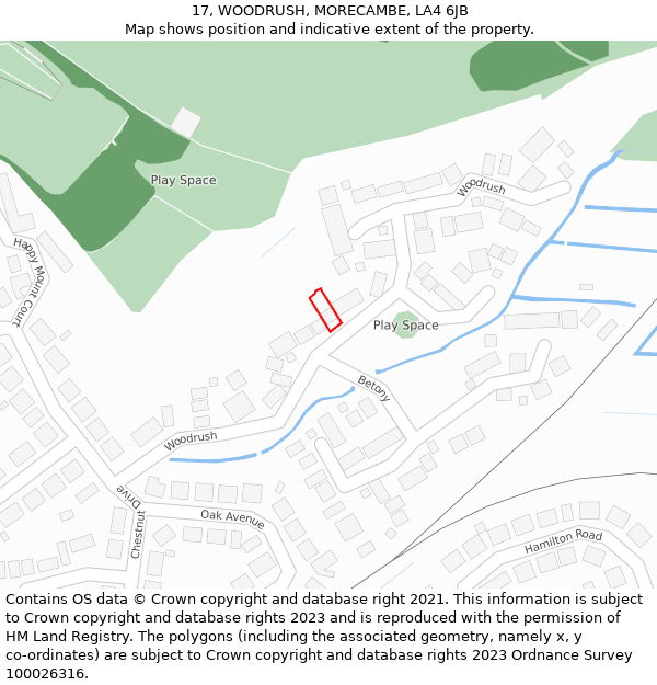 17, WOODRUSH, MORECAMBE, LA4 6JB: Location map and indicative extent of plot