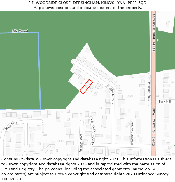 17, WOODSIDE CLOSE, DERSINGHAM, KING'S LYNN, PE31 6QD: Location map and indicative extent of plot