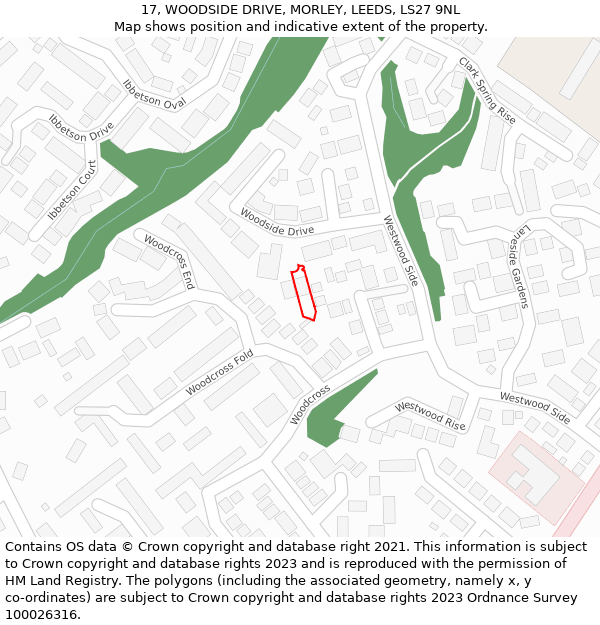 17, WOODSIDE DRIVE, MORLEY, LEEDS, LS27 9NL: Location map and indicative extent of plot