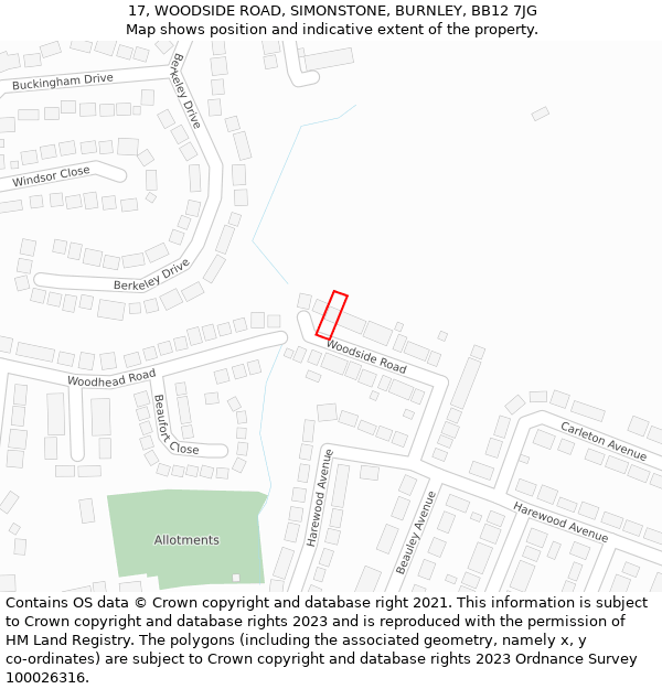 17, WOODSIDE ROAD, SIMONSTONE, BURNLEY, BB12 7JG: Location map and indicative extent of plot