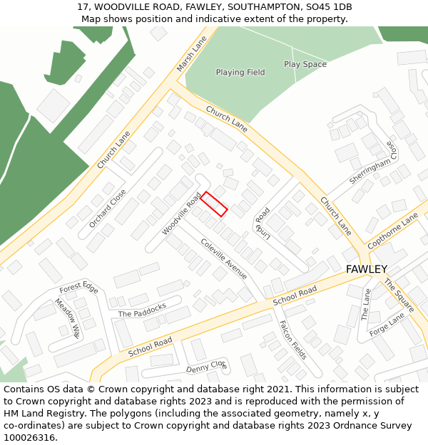 17, WOODVILLE ROAD, FAWLEY, SOUTHAMPTON, SO45 1DB: Location map and indicative extent of plot