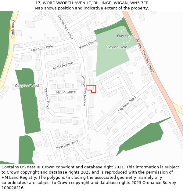 17, WORDSWORTH AVENUE, BILLINGE, WIGAN, WN5 7EP: Location map and indicative extent of plot