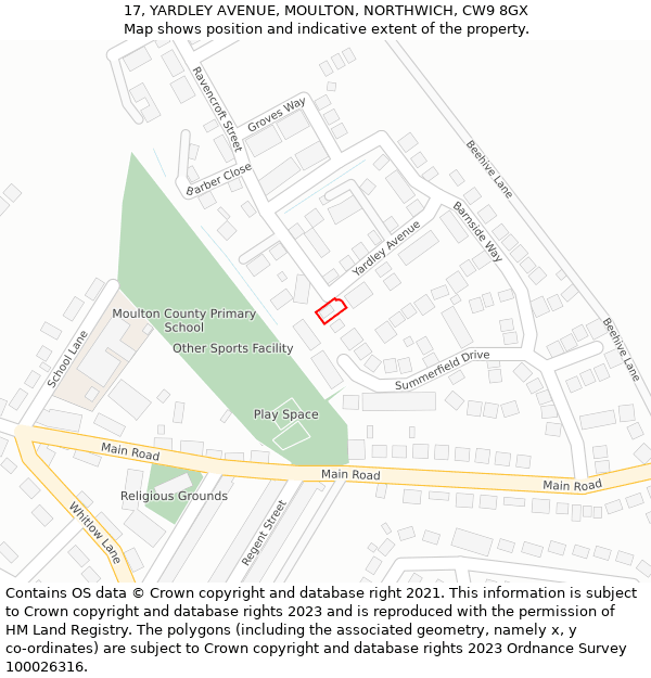 17, YARDLEY AVENUE, MOULTON, NORTHWICH, CW9 8GX: Location map and indicative extent of plot