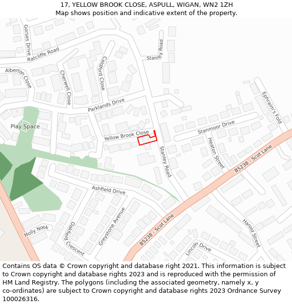 17, YELLOW BROOK CLOSE, ASPULL, WIGAN, WN2 1ZH: Location map and indicative extent of plot