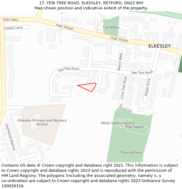 17, YEW TREE ROAD, ELKESLEY, RETFORD, DN22 8AY: Location map and indicative extent of plot