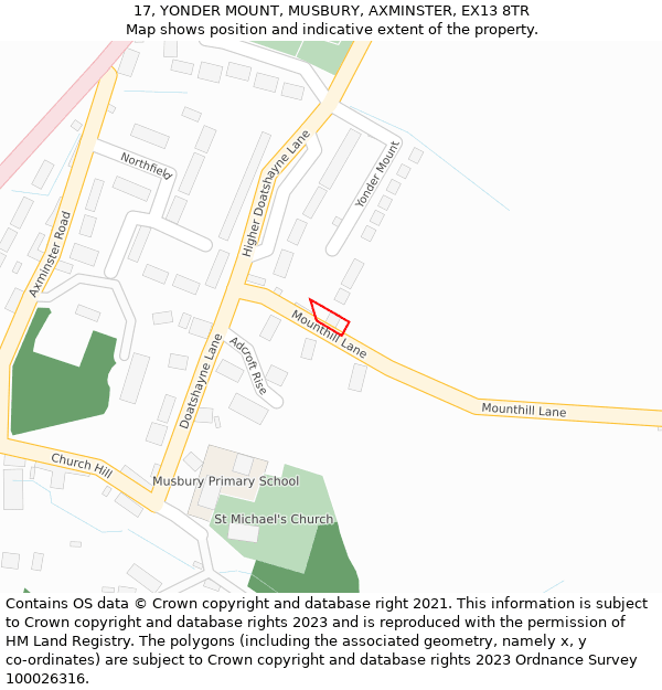 17, YONDER MOUNT, MUSBURY, AXMINSTER, EX13 8TR: Location map and indicative extent of plot