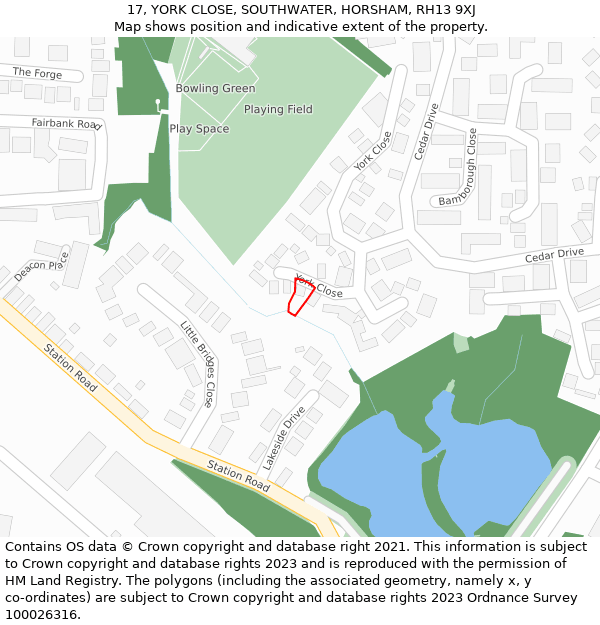 17, YORK CLOSE, SOUTHWATER, HORSHAM, RH13 9XJ: Location map and indicative extent of plot