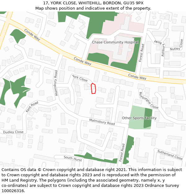 17, YORK CLOSE, WHITEHILL, BORDON, GU35 9PX: Location map and indicative extent of plot