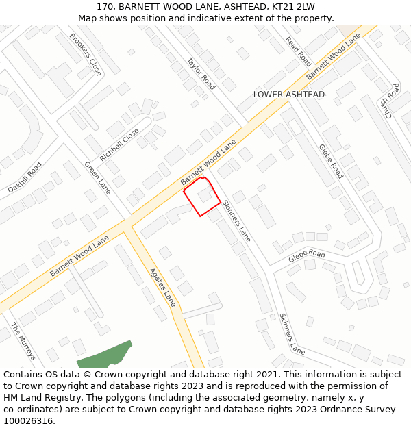 170, BARNETT WOOD LANE, ASHTEAD, KT21 2LW: Location map and indicative extent of plot