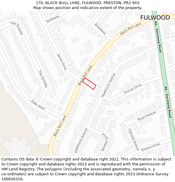 170, BLACK BULL LANE, FULWOOD, PRESTON, PR2 9XX: Location map and indicative extent of plot