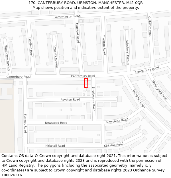 170, CANTERBURY ROAD, URMSTON, MANCHESTER, M41 0QR: Location map and indicative extent of plot