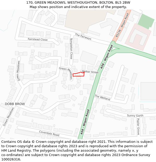 170, GREEN MEADOWS, WESTHOUGHTON, BOLTON, BL5 2BW: Location map and indicative extent of plot