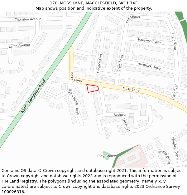 170, MOSS LANE, MACCLESFIELD, SK11 7XE: Location map and indicative extent of plot