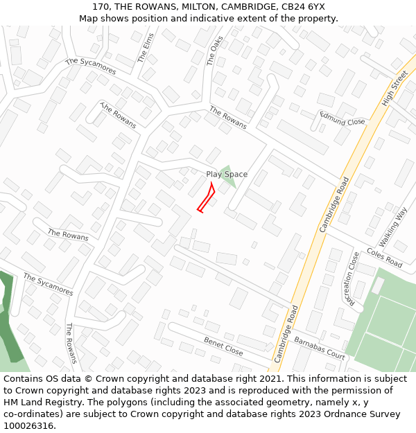 170, THE ROWANS, MILTON, CAMBRIDGE, CB24 6YX: Location map and indicative extent of plot