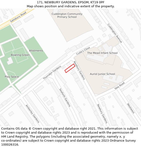 171, NEWBURY GARDENS, EPSOM, KT19 0PF: Location map and indicative extent of plot