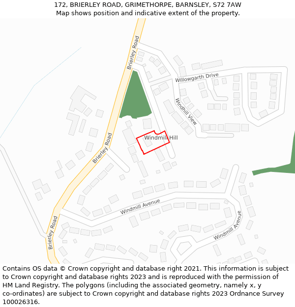 172, BRIERLEY ROAD, GRIMETHORPE, BARNSLEY, S72 7AW: Location map and indicative extent of plot