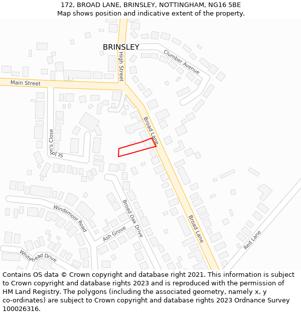 172, BROAD LANE, BRINSLEY, NOTTINGHAM, NG16 5BE: Location map and indicative extent of plot