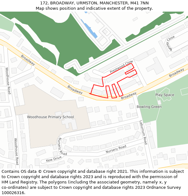 172, BROADWAY, URMSTON, MANCHESTER, M41 7NN: Location map and indicative extent of plot