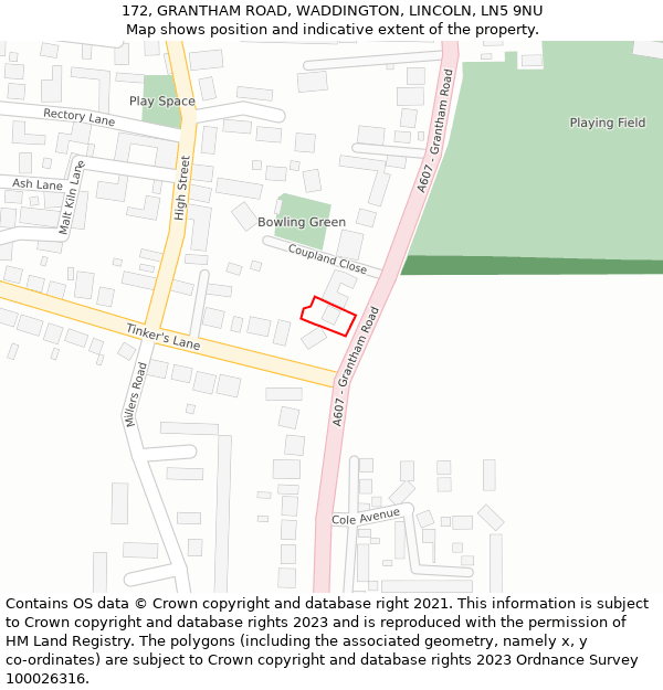 172, GRANTHAM ROAD, WADDINGTON, LINCOLN, LN5 9NU: Location map and indicative extent of plot