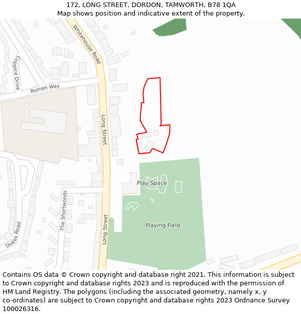 172, LONG STREET, DORDON, TAMWORTH, B78 1QA: Location map and indicative extent of plot