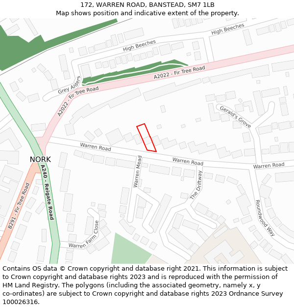 172, WARREN ROAD, BANSTEAD, SM7 1LB: Location map and indicative extent of plot