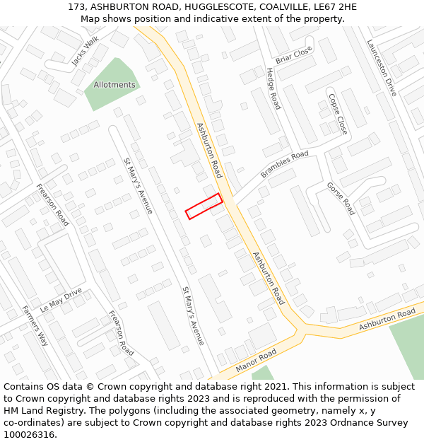 173, ASHBURTON ROAD, HUGGLESCOTE, COALVILLE, LE67 2HE: Location map and indicative extent of plot