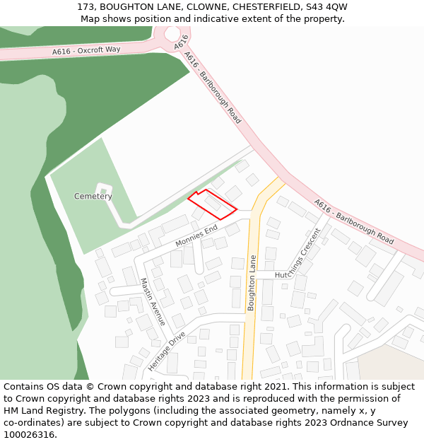 173, BOUGHTON LANE, CLOWNE, CHESTERFIELD, S43 4QW: Location map and indicative extent of plot