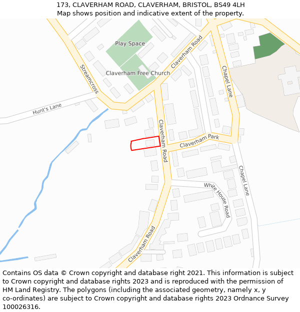 173, CLAVERHAM ROAD, CLAVERHAM, BRISTOL, BS49 4LH: Location map and indicative extent of plot