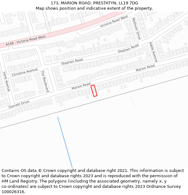 173, MARION ROAD, PRESTATYN, LL19 7DG: Location map and indicative extent of plot