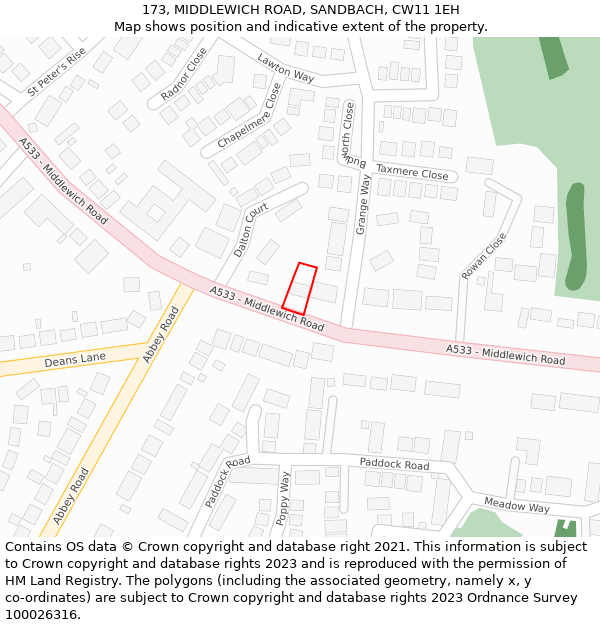 173, MIDDLEWICH ROAD, SANDBACH, CW11 1EH: Location map and indicative extent of plot