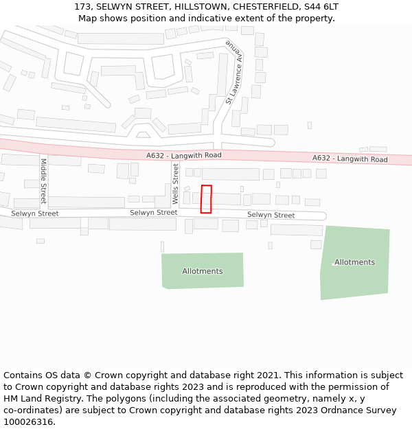 173, SELWYN STREET, HILLSTOWN, CHESTERFIELD, S44 6LT: Location map and indicative extent of plot