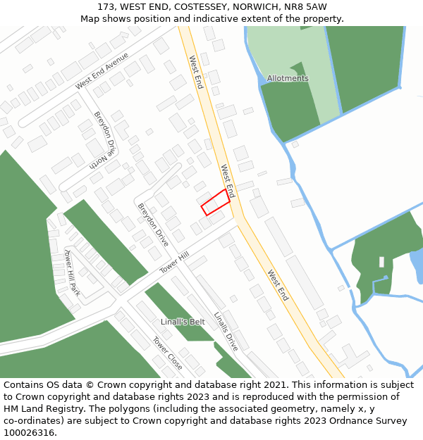 173, WEST END, COSTESSEY, NORWICH, NR8 5AW: Location map and indicative extent of plot