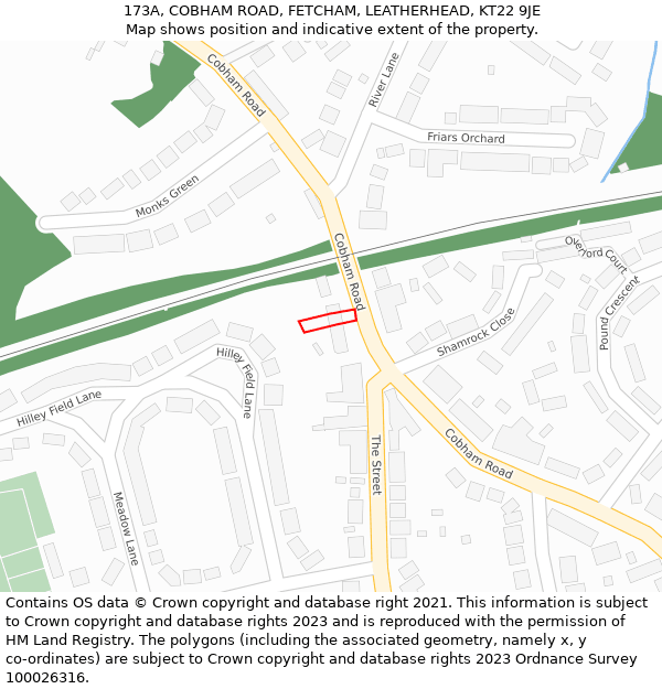 173A, COBHAM ROAD, FETCHAM, LEATHERHEAD, KT22 9JE: Location map and indicative extent of plot