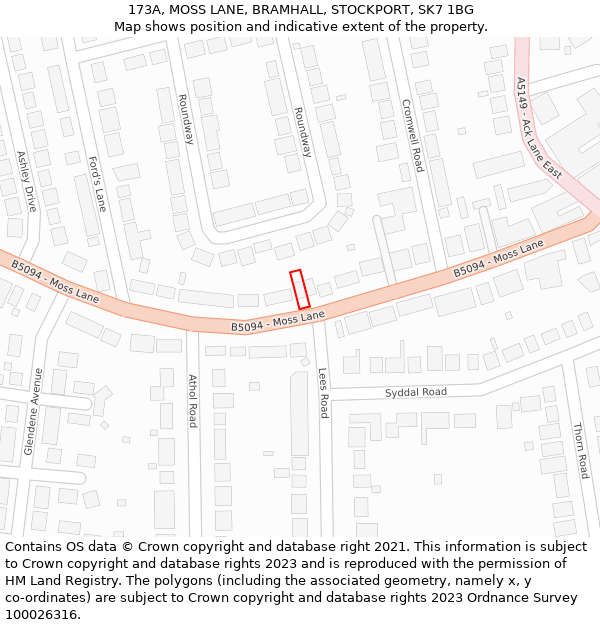 173A, MOSS LANE, BRAMHALL, STOCKPORT, SK7 1BG: Location map and indicative extent of plot