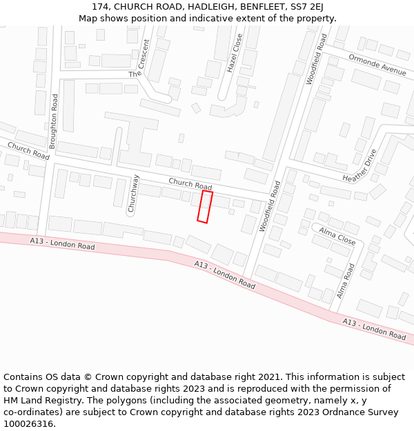 174, CHURCH ROAD, HADLEIGH, BENFLEET, SS7 2EJ: Location map and indicative extent of plot